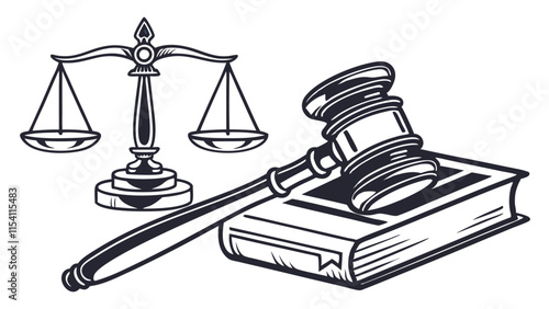 Law and Justice Illustration with Scales, Hammer, and Books .Modern Jurisdiction Illustration with Justice Symbols in Editable Vintage Style
