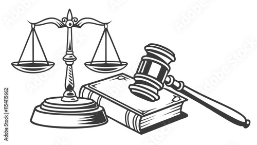 Law and Justice Illustration with Scales, Hammer, and Books .Modern Jurisdiction Illustration with Justice Symbols in Editable Vintage Style