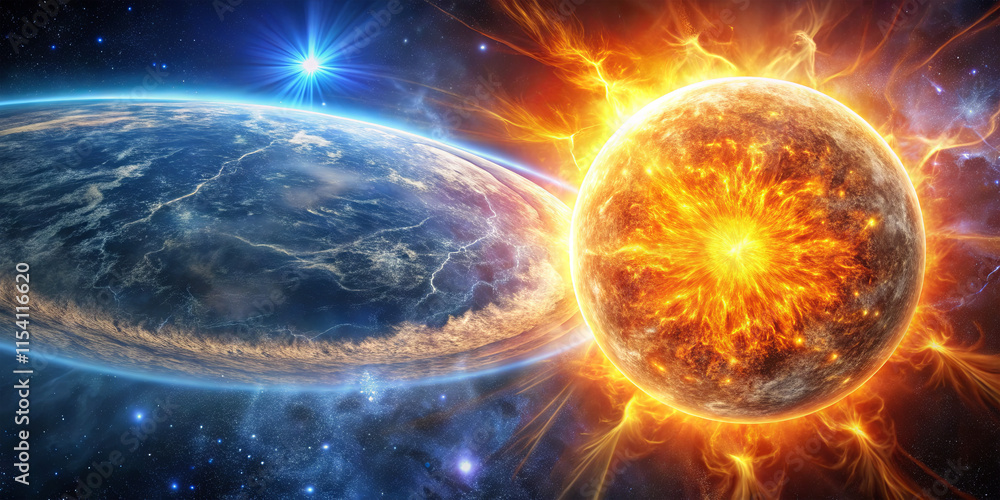 Fototapeta premium Earth and the Sun are depicted in a stunning cosmic moment, showcasing their relationship in the vast expanses of space, illuminated by the dawn light