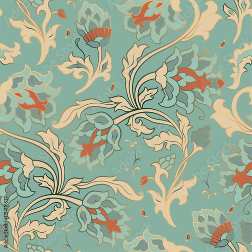 Seamles traditional pattern with flowers. Blue floral background. Template for wallpaper, textile, carpet and any surface. 