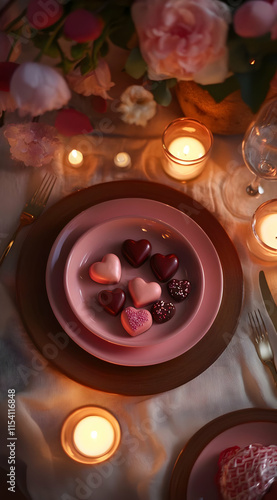 A romantic dinner setting with heart-shaped chocolates and soft candlelight.