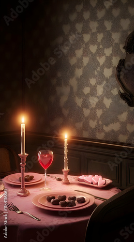A romantic dinner setting with candles, drinks, and desserts in a softly lit room.
