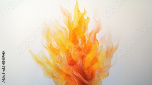 A realistic flame with glowing tips, vibrant orange and yellow colors, against a minimalist white background. photo