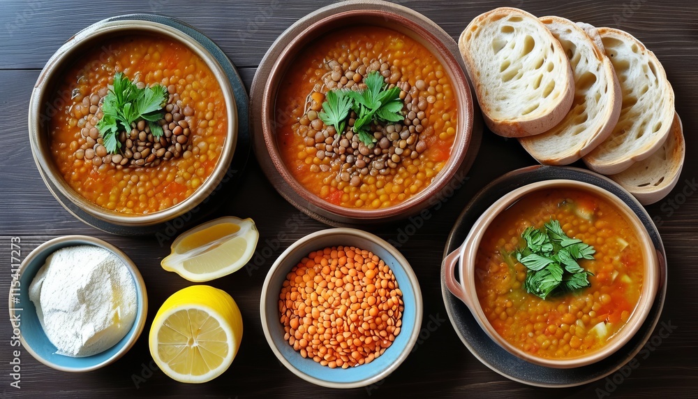 Turkish Lentil Soup with Fresh Ingredients in Upscale Bowls and Fresh Bread Slices Turkish Lentil Soup with Fresh Ingredients in Upscale Bowls and Fresh Bread Slices