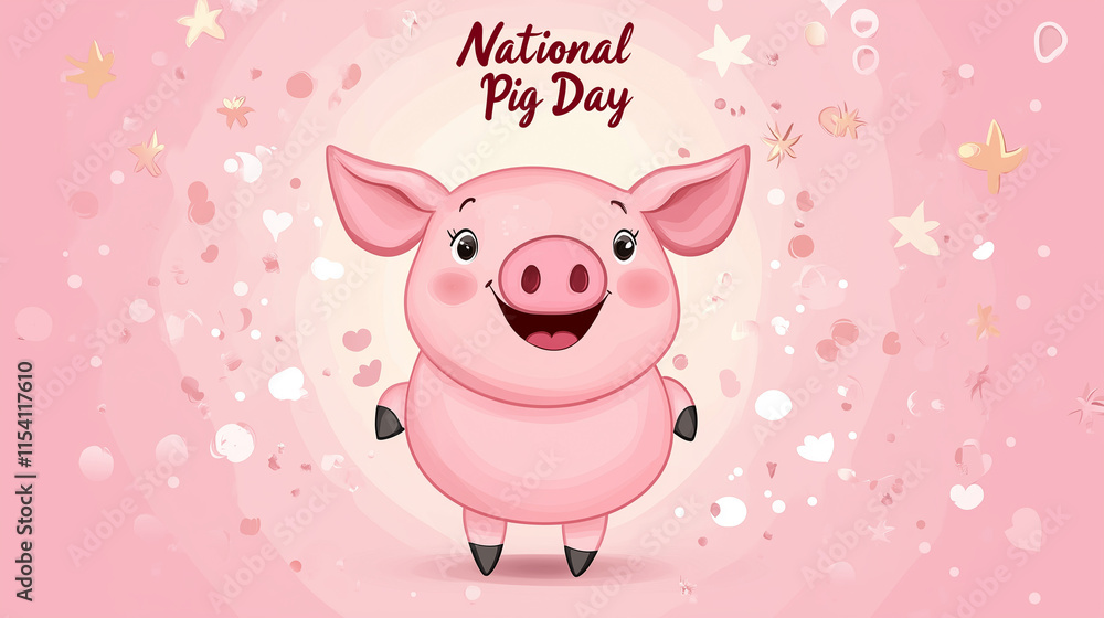 Funny pig illustration poster. Cute pink pig cartoon character, text Funny pig illustration poster. Cute pink pig cartoon character, text