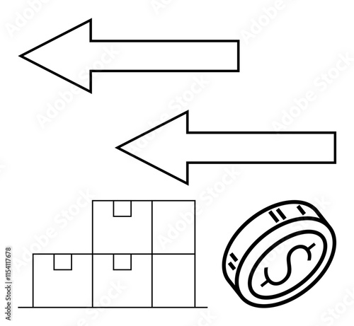 Arrows pointing in opposite directions, boxes representing goods, and a coin with a dollar sign. Ideal for economics, trade, commerce, business, supply chain logistics monetary flow concepts. Line