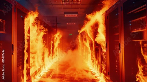 Data center room on fire, burning causing critical database failure and data loss. Server is down, 500 Error concept. Zoom in camera movement, slow motion.