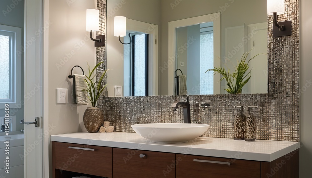 Fototapeta premium Modern bathroom with a stylish sink, mirror, and decorative elements.