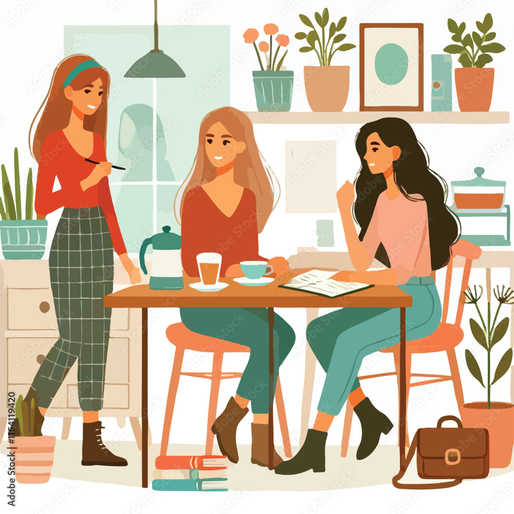 Flat young girl friends in cafe on meeting vector image vector on a white background Flat young girl friends in cafe on meeting vector image vector on a white background
