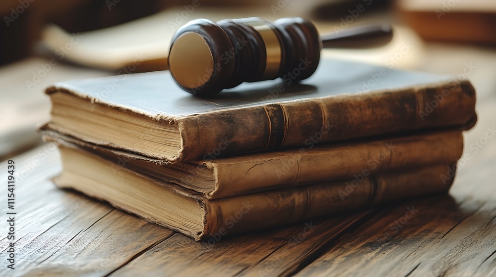 Gavel rests on aged law books on wooden surface Gavel rests on aged law books on wooden surface