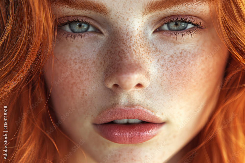 Close-up portrait of a young woman with vibrant red hair and numerous freckles. Close-up portrait of a young woman with vibrant red hair and numerous freckles.