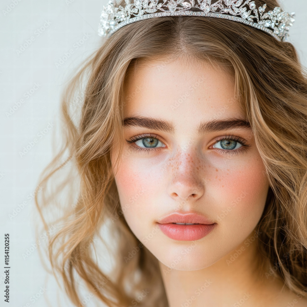 Obraz premium young woman with wavy hair and tiara, showcasing natural beauty and elegance. Her clear skin and expressive eyes create captivating look