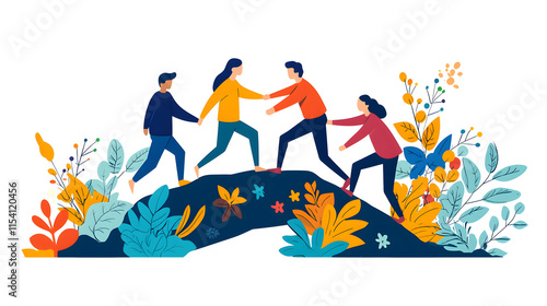 Friends helping each other climb hill, showcasing teamwork and support