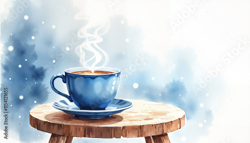 Blue cup of steaming coffee on wooden table with snowy background, Blue Monday