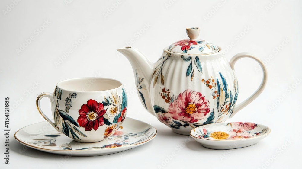 Fototapeta premium Floral teapot, teacup, saucer, and spoon rest set.