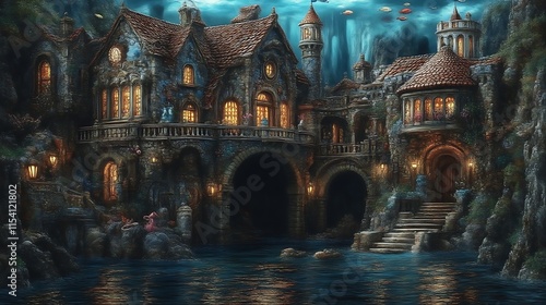 Enchanting cliffside castle at night with glowing windows and figures.