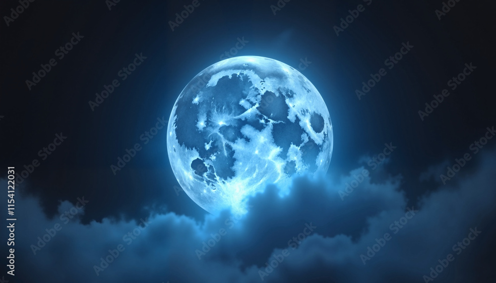 Bright blue full moon shining through cloudy night sky Bright blue full moon shining through cloudy night sky