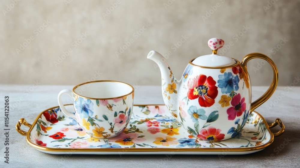 Fototapeta premium Floral teapot and teacup set on tray.