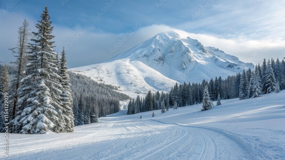 Fototapeta premium Fresh Snow on White Mountain Slope - Serene winter landscape, snow-covered mountain, pristine ski trails, majestic pines, winter wonderland.