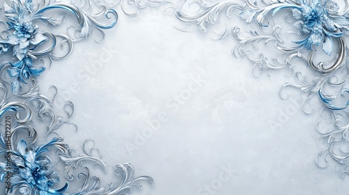 Elegant blue and silver ornamental floral border on a textured white background, perfect for invitations and decorative designs.