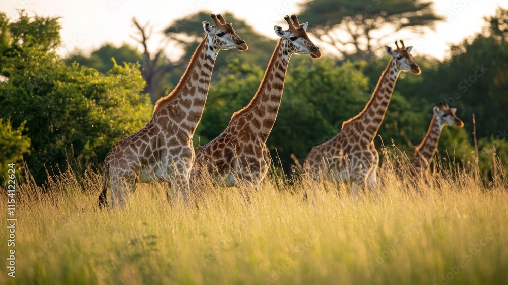 Fototapeta premium A Majestic Group of Giraffes Gracefully Walking Through Tall Grass in a Scenic African Landscape Under the Soft Glow of the Setting Sun