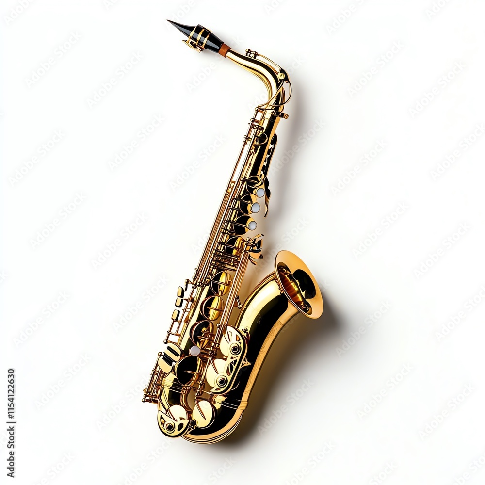 Naklejka premium A vibrant golden saxophone on a white isolated background, showcasing its intricate key design and smooth curves, perfect for music enthusiasts.