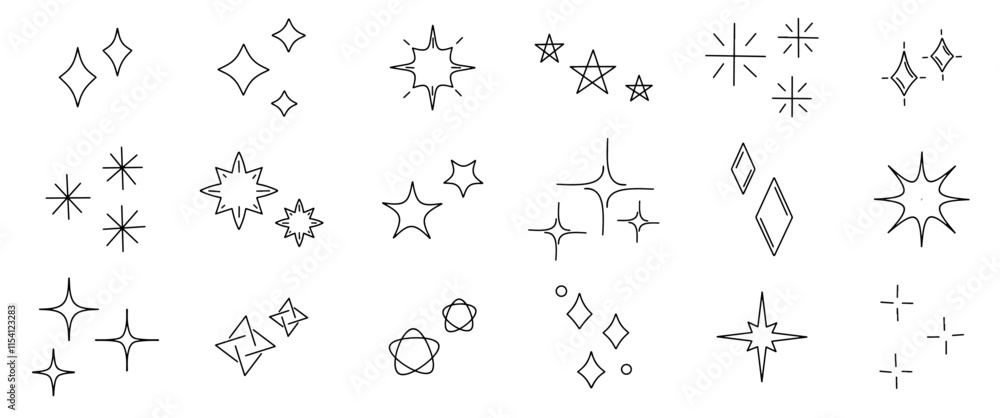 Conjunto de estrellas dibujadas a mano grunge negras aisladas en blanco. Ilustración vectorial. Íconos de estrellas para notas