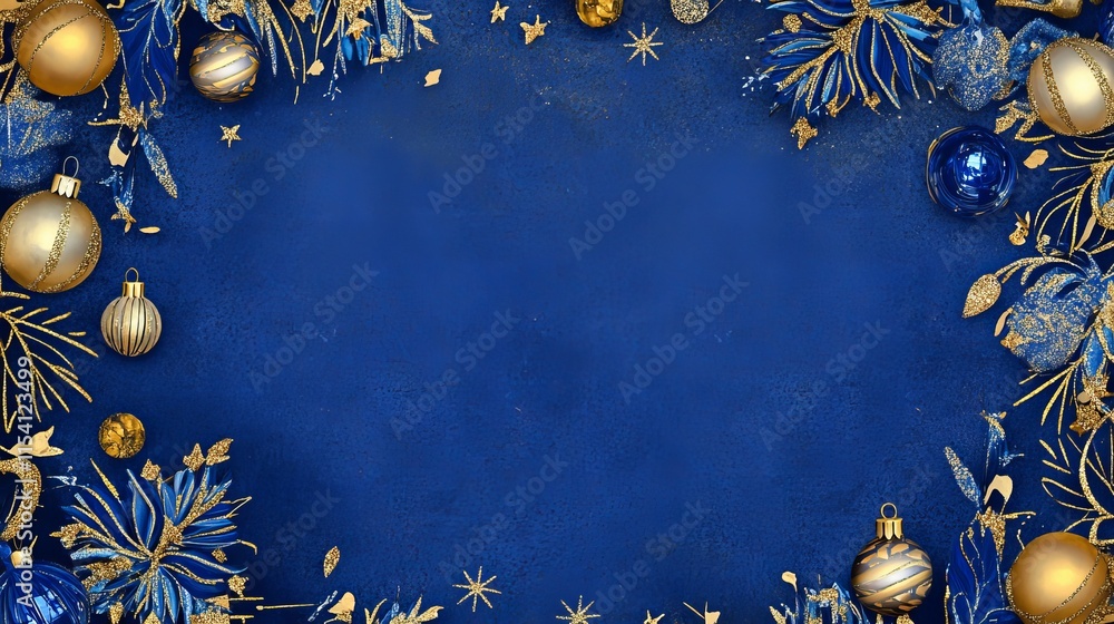 Fototapeta premium Decorative Blue and Gold Holiday Background Featuring Festive Ornaments and Floral Designs for Seasonal Celebrations and Events