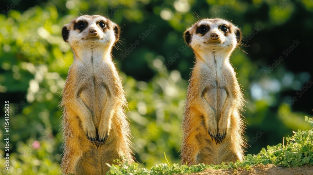 Adorable meerkats standing upright in a natural habitat, observing their surroundings with curiosity and alertness, showcasing playful and social behavior in the wild. Adorable meerkats standing upright in a natural habitat, observing their surroundings with curiosity and alertness, showcasing playful and social behavior in the wild.