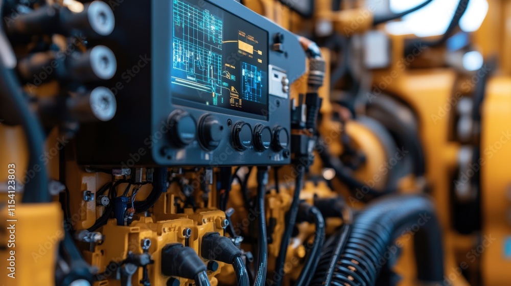 Fototapeta premium An array of sensors strategically installed on heavy machinery with detailed wiring harnesses visible while a digital display showcases realtime equipment data.