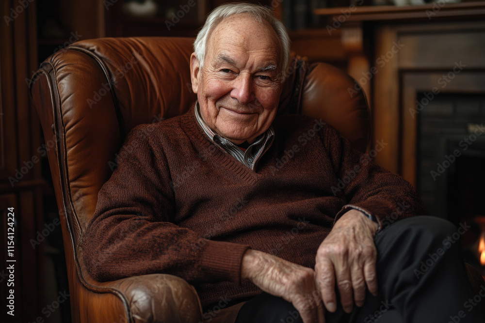 A smiling elderly gentleman sits comfortably in a leather armchair, exuding warmth and wisdom. A smiling elderly gentleman sits comfortably in a leather armchair, exuding warmth and wisdom.