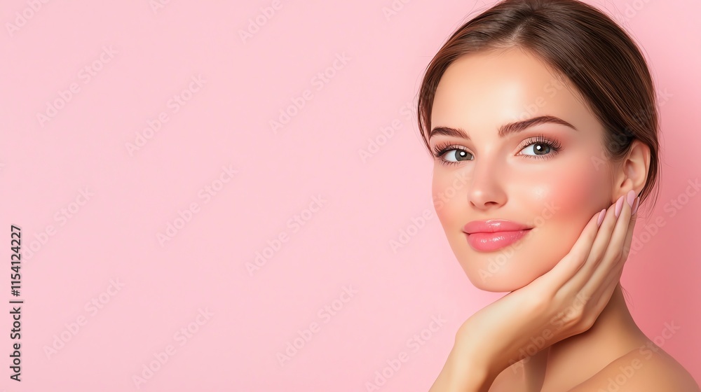 Naklejka premium A young woman with a gentle smile poses gracefully, resting her hand on her face against a soft pink background, embodying beauty and confidence.