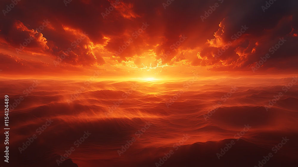 Fototapeta premium Fiery sunset over a sea of clouds.