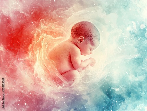 tranquil portrayal of human embryo rests gently within glowing amniotic sac embraced soft watercolor shades of pink red and blue. background flows harmoniously. photo