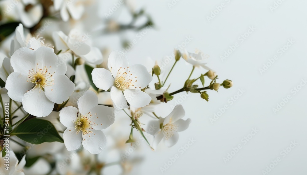 Obraz premium Delicate White Flowers with Green Leaves on Soft Background in Elegant Minimalist Composition
