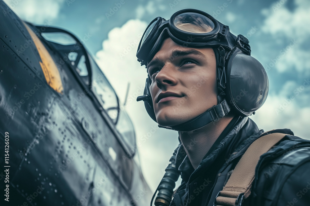 man in a pilot's uniform is standing next to a plane. He is wearing a black helmet and goggles man in a pilot's uniform is standing next to a plane. He is wearing a black helmet and goggles