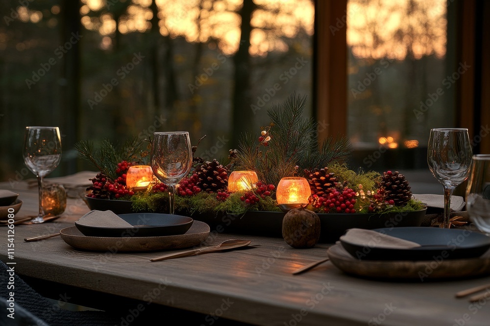 Fototapeta premium Festive dining table decorated with candles and natural elements during sunset in a cozy setting