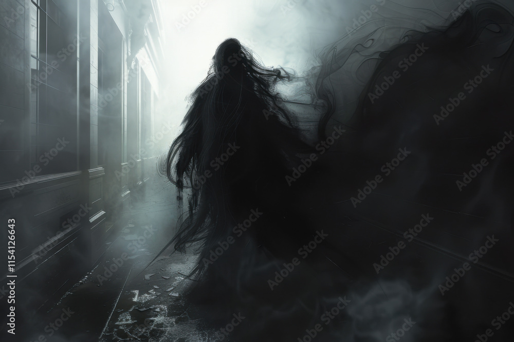 Black veiled ghostly figure in corridor. Illustration of death. Black veiled ghostly figure in corridor. Illustration of death.