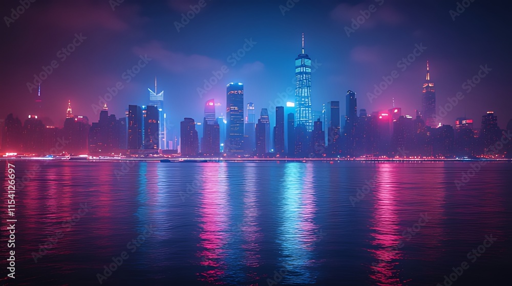 Night cityscape with vibrant neon lights reflected in calm water. Night cityscape with vibrant neon lights reflected in calm water.
