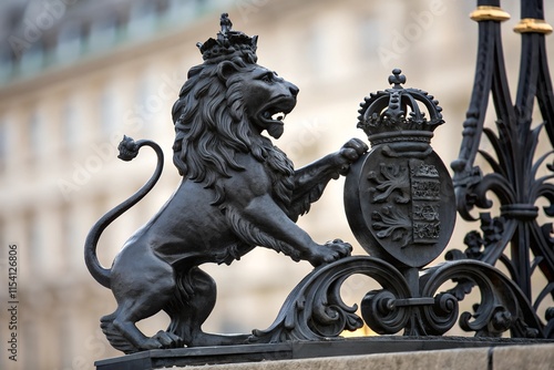 A medieval-style heraldic crest featuring a rampant lion, symbolizing courage and nobility. The lion stands upright on hind legs, claws extended, set against a bold shield backdrop. photo