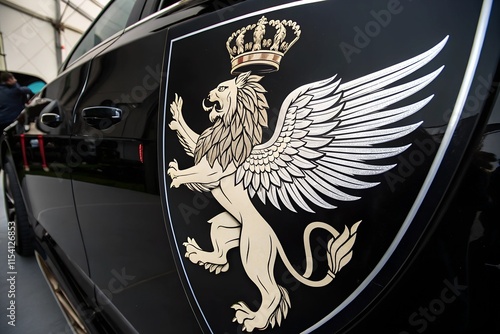 A heraldic lion with wings displayed in a crest, set against a black background. The lion symbolizes strength and courage, while the wings represent freedom and nobility. photo