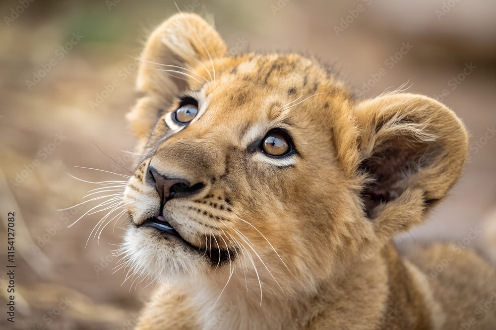 A close-up portrait of a little lion cub, showcasing its soft golden fur, curious wide eyes, and tiny whiskers, radiating innocence and the charm of young wildlife. A close-up portrait of a little lion cub, showcasing its soft golden fur, curious wide eyes, and tiny whiskers, radiating innocence and the charm of young wildlife.
