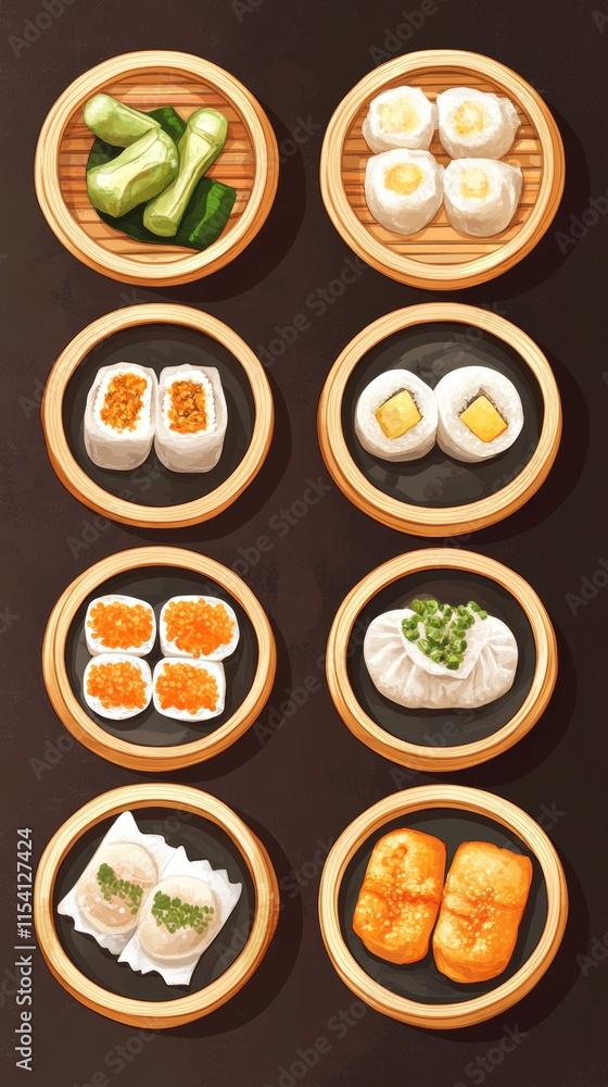 Dumplings and Appetizers Arranged Neatly in Bamboo Steamers Showcasing a Variety of Flavors and Textures at a Asian Restaurant