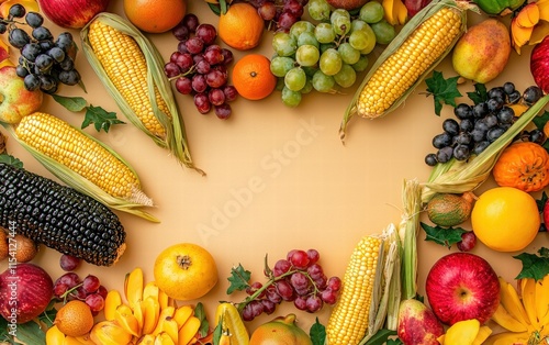 A vibrant Kwanzaa celebration table with fruits, vegetables, and decorative ears of corn (muhindi), on a warm beige background photo