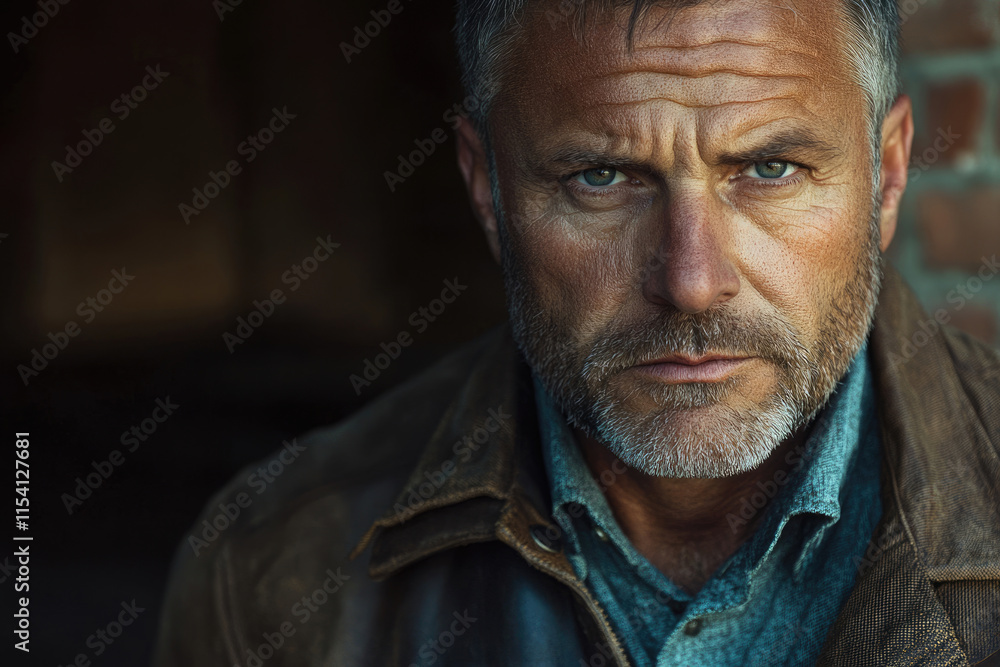 Obraz premium Close-up portrait of a mature man with a serious expression, wearing a brown leather jacket.