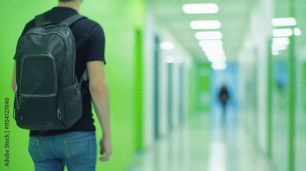 Young Person Walking in Modern Hallway with Green Accents and Backpack Young Person Walking in Modern Hallway with Green Accents and Backpack