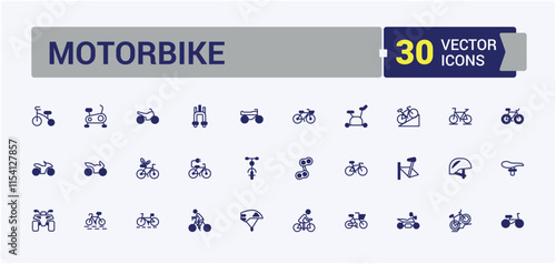 Motorbike icon collection. Contains such icons as road, business, tour, activity, vehicle, no, eco and more. Minimal icons. Outline and solid pictogram.
