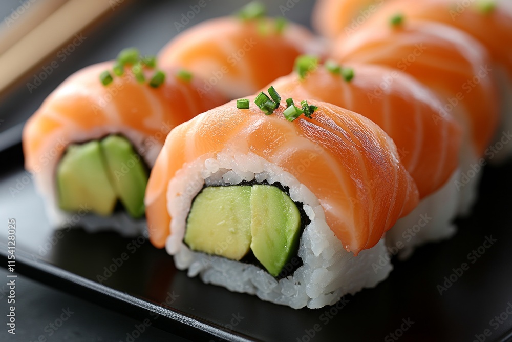 Delicious sushi rolls prepared with fresh salmon and avocado on a black plate ready to be enjoyed Delicious sushi rolls prepared with fresh salmon and avocado on a black plate ready to be enjoyed