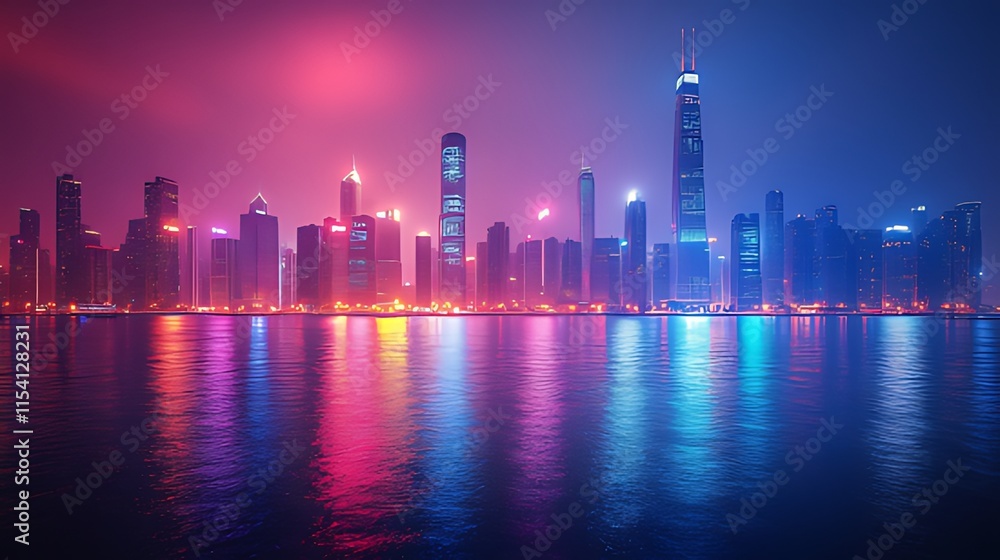 Vibrant cityscape skyline at night, reflected in calm water. Vibrant cityscape skyline at night, reflected in calm water.