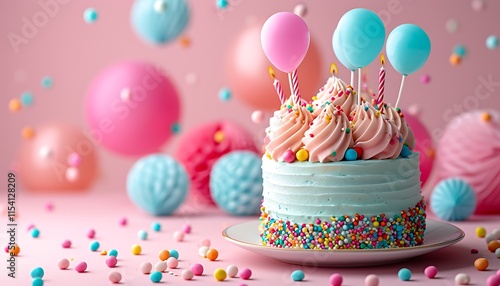 A pastel birthday cake with blue frosting, pink swirls, and balloon-themed toppers. The background has soft balloons and candy sprinkles. photo